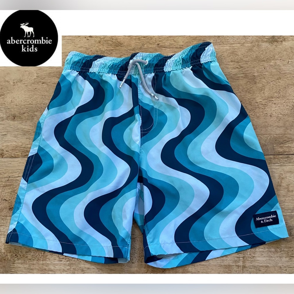 Abercrombie Kids Boys’ Sz 13/14‎ Blue Wave Graphic Swim Trunks